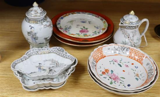 An 18th century Chinese export part tea set including a spoon tray, a teapot stand and two orange glazed dishes (11)